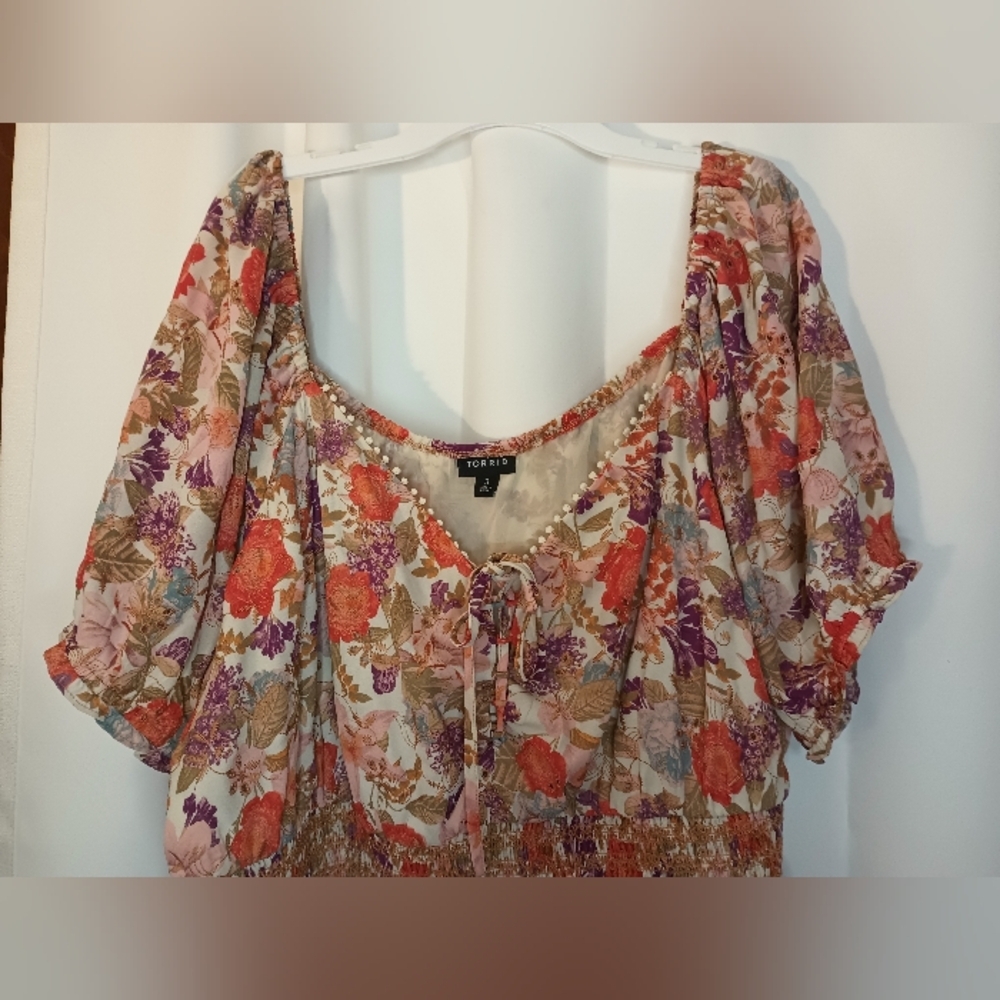 Torrid Milkmaid Top 3X Smocked Puff Sleeve Embroidered Cottage Peasant Boho - Picture 3 of 15